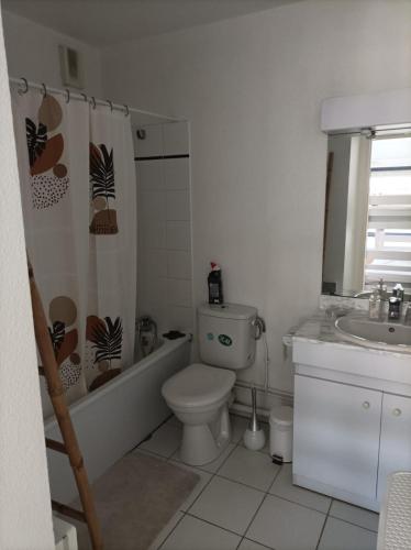 une salle de bain avec toilettes, baignoire et lavabo dans l'établissement Family cocoon in Arcachon center, à Arcachon