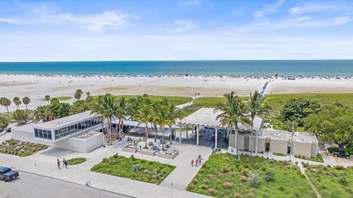 an aerial view of a building and the beach at Salty Soldi in Siesta Key