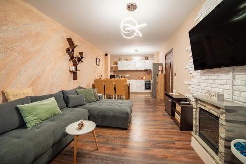 Una sala de estar con un sofá y una chimenea. en Tarnovo Nest | Cozy 1BR Apartment, en Veliko Tŭrnovo