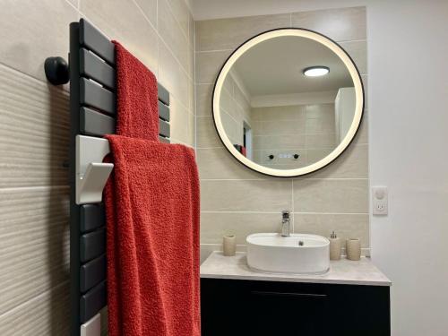 une salle de bain avec un lavabo et un miroir dans l'établissement L'Etoile, à Épernay