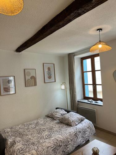 une chambre avec un lit et une fenêtre dans l'établissement Loft Bohème & cosy Lit King size, à Carcassonne