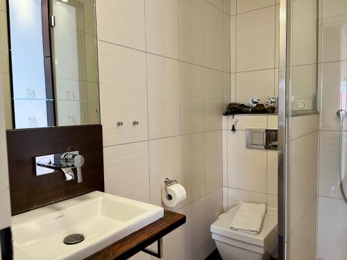 a bathroom with a sink and a toilet at Appartementhaus Seemöwe Grasmöwe in Grömitz