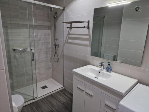 a bathroom with a shower and a sink and a mirror at PARADIS PARK, APARTAMENTO PISCINA Y PLAYA in La Pineda