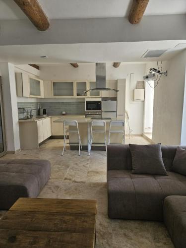 un salon avec un canapé et une cuisine dans l'établissement L'instant Roméon, à Marseille