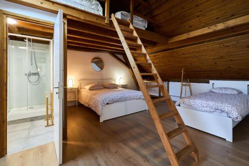une chambre avec deux lits et une échelle dans l'établissement Gîte 8 chambres entre Reims et Epernay - La Chenevière - Gîtes Au Beau Sarrazin, à Fontaine-sur-Ay