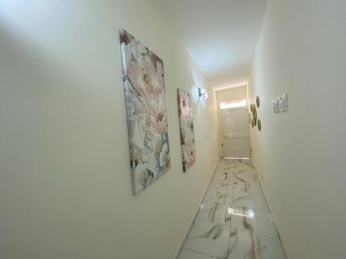 a hallway with paintings on the walls of a room at Horizon Apartments Gozo in Marsalforn