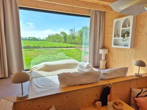 a bed in a room with a large window at New! Tiny House Lantliv Oostkapelle, met weidezicht in Oostkapelle