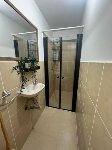 a bathroom with a shower and a sink and a mirror at צימר יוקרתי ומפנק באשקלון - 5 דקות נסיעה מהים in Ashqelon