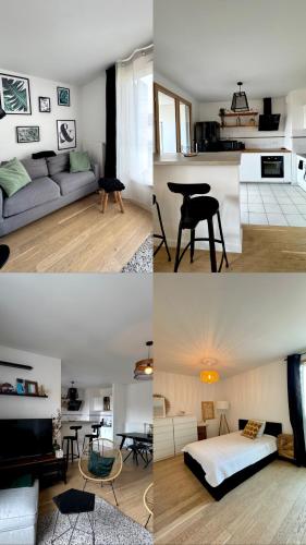 vier verschiedene Ansichten eines Wohnzimmers und einer Küche in der Unterkunft Charmant appartement aux portes de Paris, avec Balcon et Parking in Aubervilliers