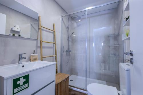 a bathroom with a shower and a sink and a toilet at Nono Guest House in Ribeira Grande