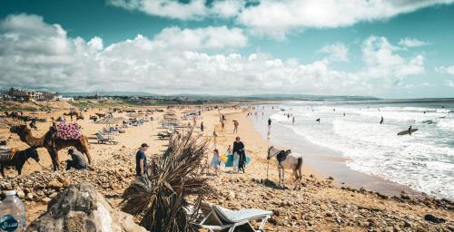 a group of people on a beach with people riding horses at IBI Surf House in Sidi Kaouki
