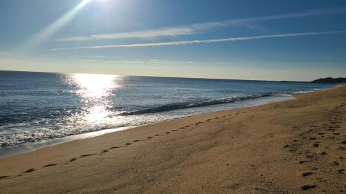 a beach with footprints in the sand and the ocean at Penthouse in Platja d Aro Front Sea with Parking in Platja  d'Aro