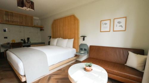 a hotel room with a bed and a couch at Rodona Hotel in Mexico City