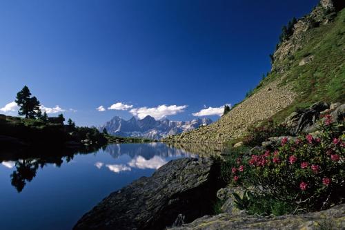 a view of a lake with mountains in the background at Aparthotel DAS Hochkönig in Ramsau am Dachstein