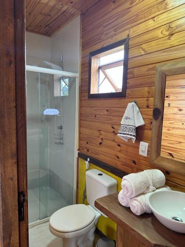a bathroom with a toilet and a sink and a shower at Apartamentos de Altitude Urubici in Urubici