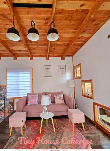 a living room with a couch and two chairs at Tiny house in Coñaripe