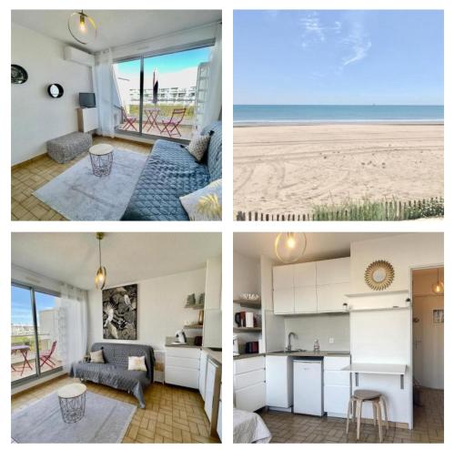 un collage de quatre photos d'une plage dans l'établissement Studio Namasté - à 3 min de la mer, à La Grande Motte