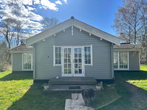 a dog sitting in front of a small house at Villa Betula Nature Gem At Hårbølle Harbor in Askeby