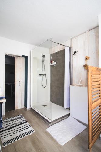 une salle de bain avec une douche avec une porte vitrée dans l'établissement chambre d'hôte l'épeautre, à Schwabwiller