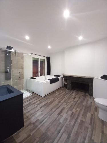 La grande salle de bains est pourvue de toilettes et d'une baignoire. dans l'établissement Suite Noire et Blanche, à Saint-Paul-de-Fenouillet