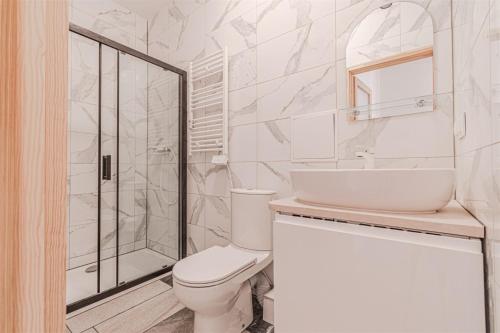 Un baño con inodoro, lavabo y ducha. en Apartament Monstera II- top śniadanie, en Bydgoszcz