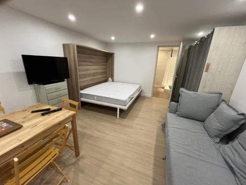 a living room with a couch and a tv in it at la maison d oscar in Tulette