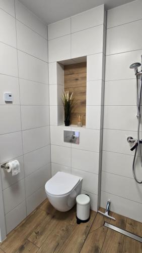 a white bathroom with a toilet and a sink at Apartamenty Rynek 3 Niebieski in Osie