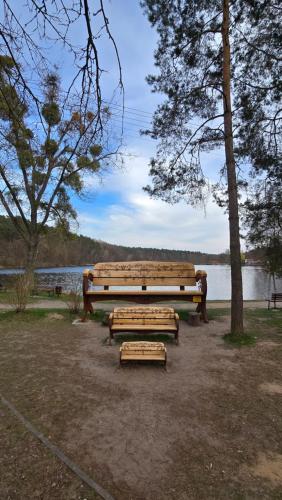 a park bench sitting in front of a lake at Apartamenty Rynek 3 Niebieski in Osie