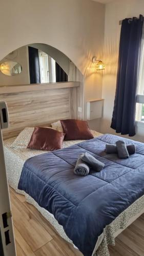 un grand lit avec une couette bleue dans une chambre dans l'établissement Naturiste Cap d'Agde Port Nature 544, au Cap d'Agde