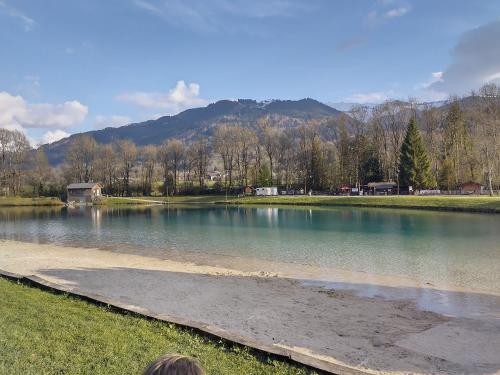 a person sitting next to a body of water at Chalet La Ferme d'Henriette, à Samoëns in Samoëns