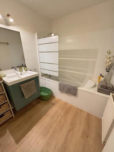 une salle de bain avec un lavabo, un miroir et une baignoire dans l'établissement Appartement avec parking à deux pas centre-ville et gare, à Saint-Brieuc