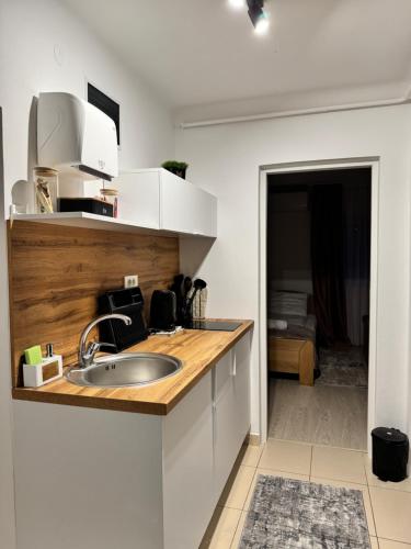 a kitchen with a sink and a counter top at Mala Oaza Apartment in Sarajevo