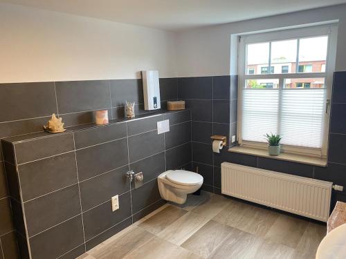 a bathroom with a toilet and a window at Ferienwohnung Alte Post Redefin für bis zu 6 Personen in Redefin