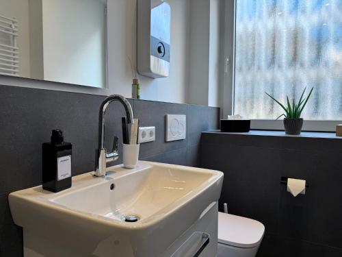 a bathroom with a sink and a toilet at Modernes Apartment 6 Personen Zentral 65qm WLAN gehobene Ausstattung in Hannover