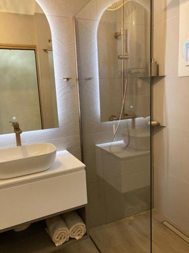 a bathroom with a sink and a glass shower at La mini villa Ondella à Porticcio in Grosseto-Prugna