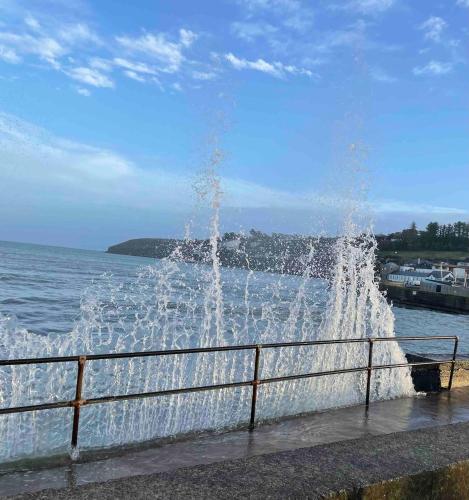 a fountain in the water next to a fence at Ardmore's Modern Beach House in Ardmore