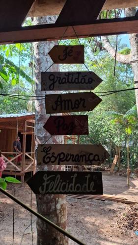 a group of directional signs on a tree at Amazônia LODGE Exxperience in Manaus