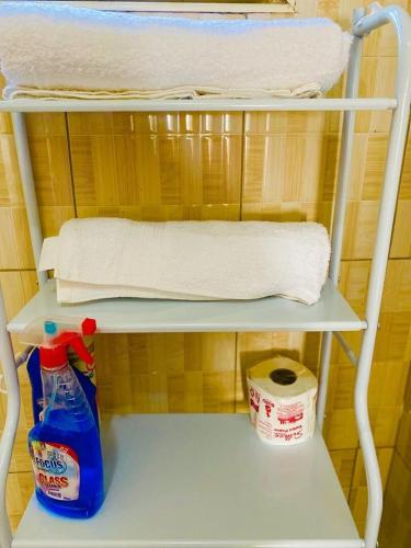 a shelf with a bottle of detergent and a towel at Blooming Homes Uganda in Kyebando