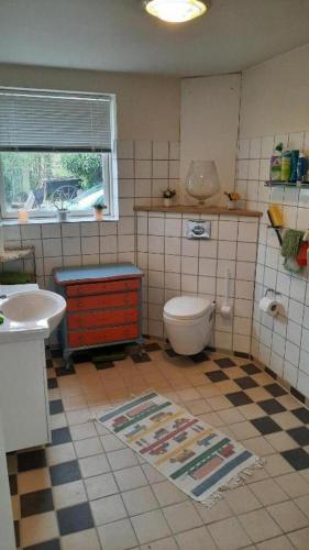 a bathroom with a sink and a toilet and a window at Overnatning Filskov in Grindsted