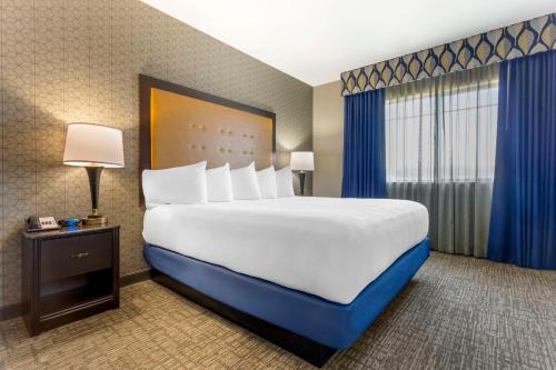 a large bed in a hotel room with blue curtains at Best Western Plus Grant Creek Inn in Missoula