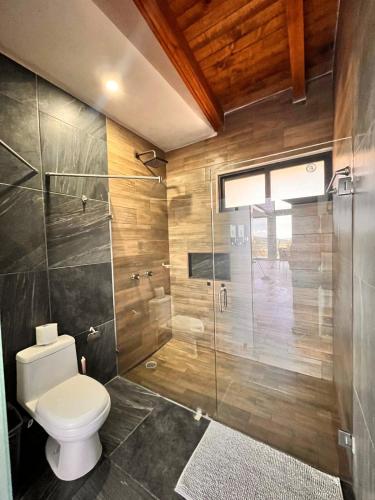 a bathroom with a toilet and a shower at Cabaña Nurela in Mazamitla