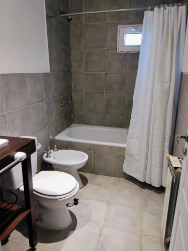 ein Badezimmer mit Toilette, Badewanne und Waschbecken in der Unterkunft Confortable y espacioso Loft! Excelente ubicación in El Calafate