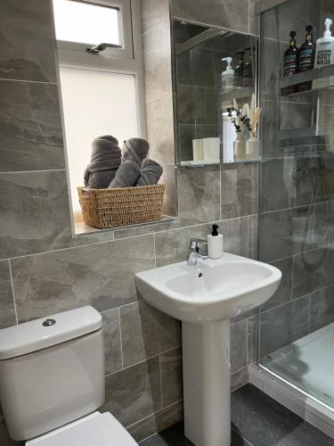 a bathroom with a toilet and a sink and a mirror at Luxury Apartment Heald Green in Handforth