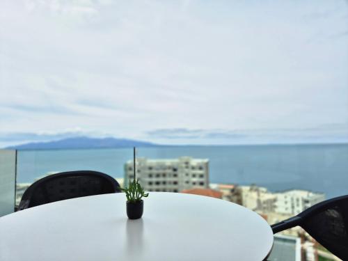 a potted plant sitting on top of a white table at Meraviglia Boutique Hotel in Sarandë