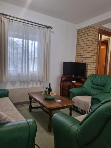 a living room with two green chairs and a coffee table at Kraljevi Konaci Olja in Zlatibor