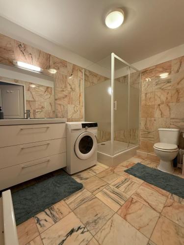 une salle de bain avec douche et machine à laver dans l'établissement Nice apartment Promenade des Anglais à 5 minutes de la mer à pied, à Nice