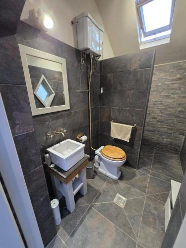 a bathroom with a toilet and a sink at Aldwark Bridge Glamping - Lunar Tent in Aldwark