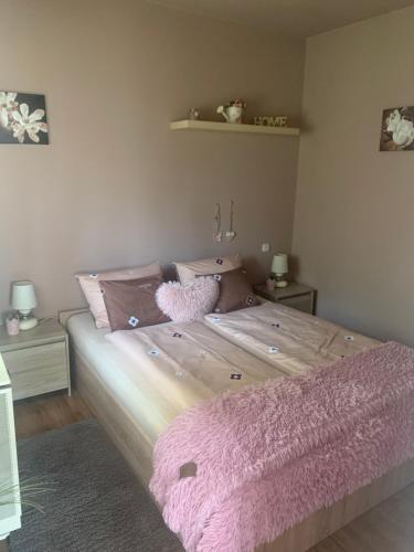 a bedroom with a large bed with a pink blanket at Angyalszív Apartman in Zalakaros