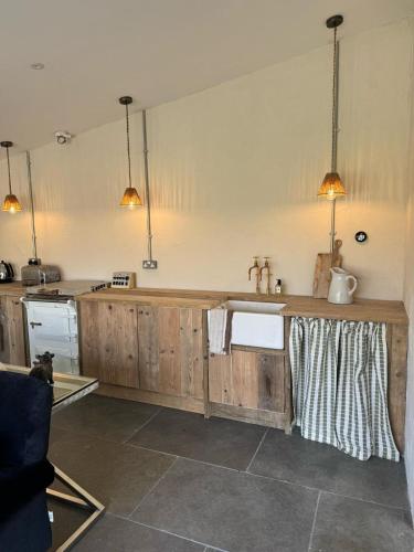 eine Küche mit Holzschränken und einer Spüle in der Unterkunft The Old Sty in Canterbury