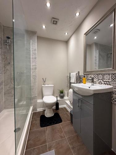 a bathroom with a toilet and a sink and a shower at Beautifully renovated 2bed home in North Stifford